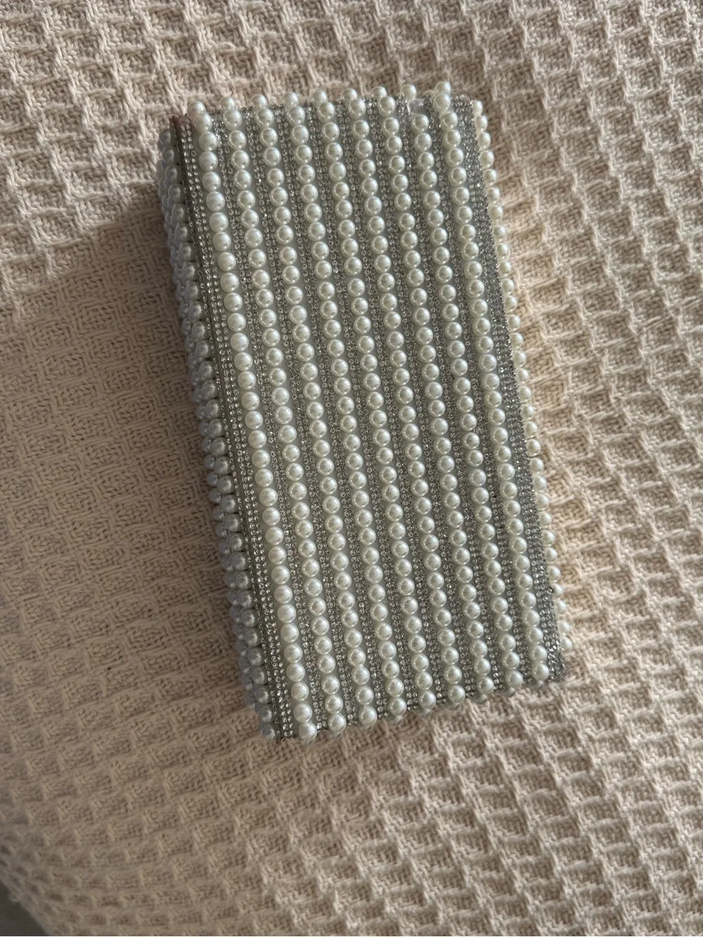 Pearl-Embellished Silver Clutch Wallet ONE PEARL PIECE IS MISSING